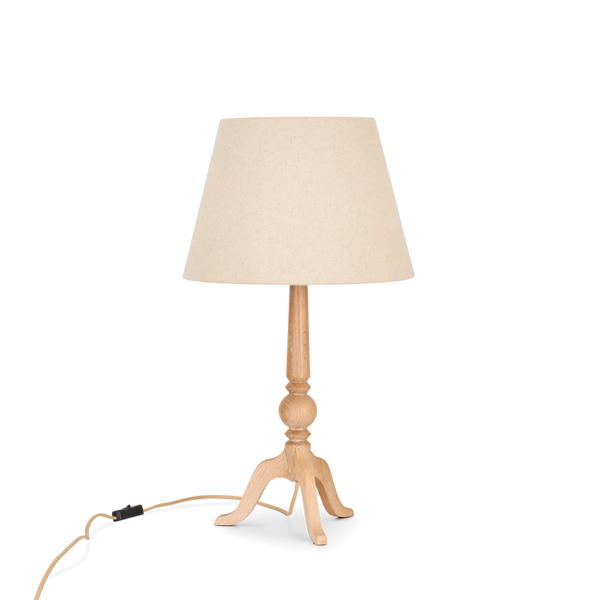 Thornbury natural oak table lamp with tapered linen shade on white background