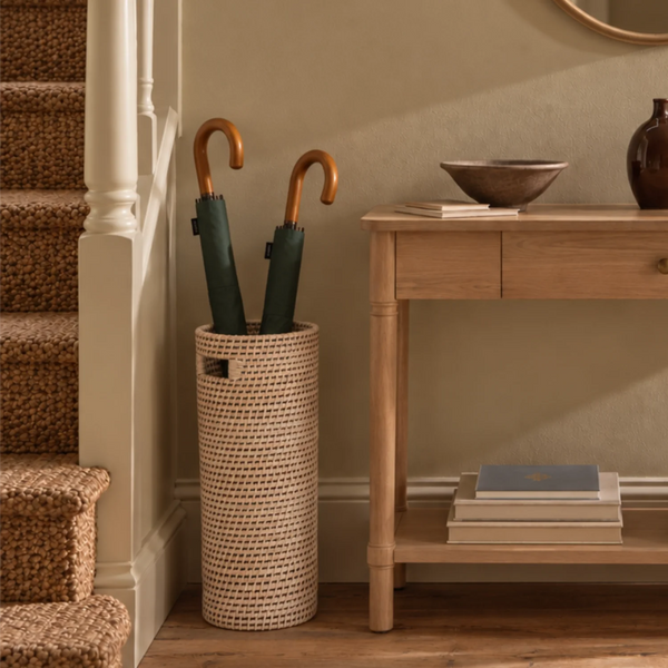 A woven cylindrical umbrella stand holding two closed umbrellas with dark green bodies and warm brown handles, placed beside a light wood console table in a styled interior with carpeted stairs and a beige wall.