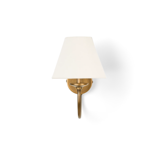 Wilton single wall light with linen shade and brass fitting on white background