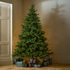 A tall artificial Christmas tree stands in the corner of a room with wrapped gift boxes underneath, against beige walls and a light-colored door.