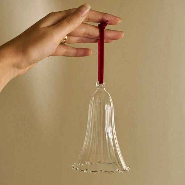 Neptune Amara glass bell hanging Christmas decoration bauble with red ribbon