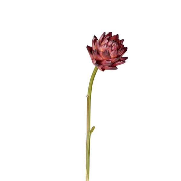 A single artificial flower stem with a dark reddish-brown, textured, lotus-like bloom on a plain white background.