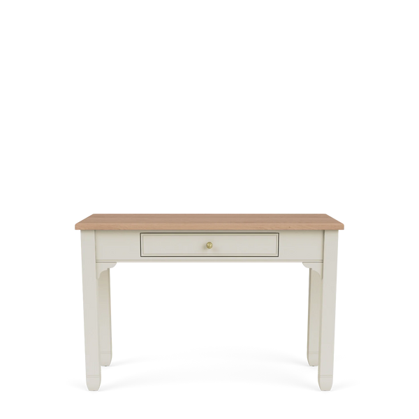 Chichester writing desk with painted frame and natural oak top, shown from the front.