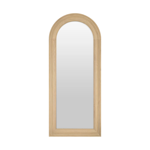 An arched wall mirror with a light natural wood frame, shown against a plain white background.