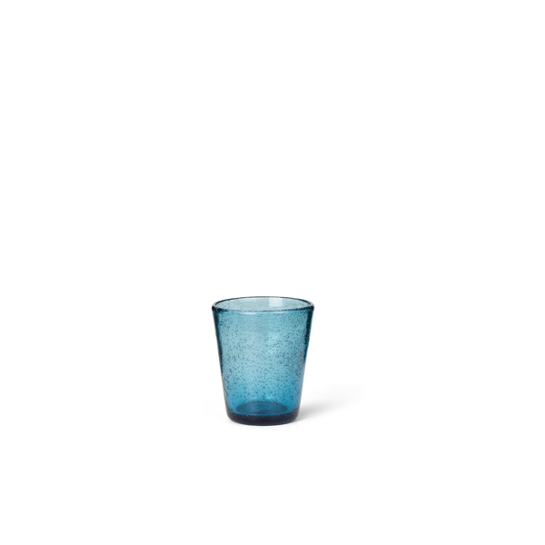 A small blue textured glass tumbler with a speckled finish, shown on a plain white background.