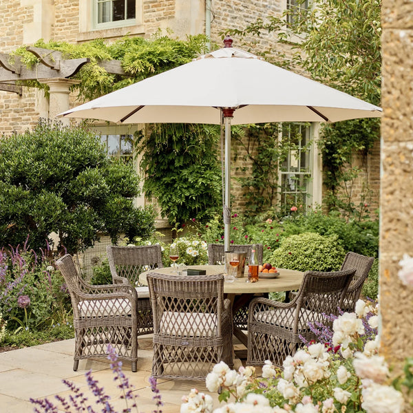 Neptune Seasonal_Garden_Outdoor sofas and relaxed chairs Harmondsworth 6 Seater Round Teak Garden Dining Table Set with Harrington Carver Chairs & Parasol