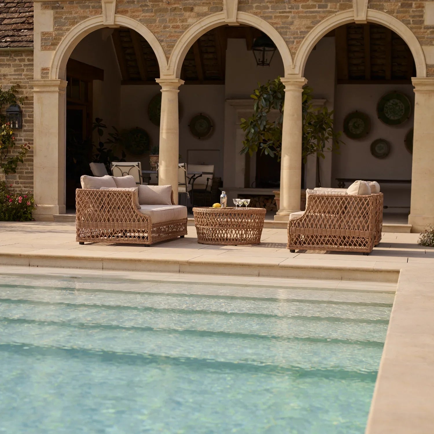 Neptune Seasonal_Garden_Outdoor sofas and relaxed chairs default Longmeadow 4 Seater Wicker Garden Sofa Set with Round Coffee Table