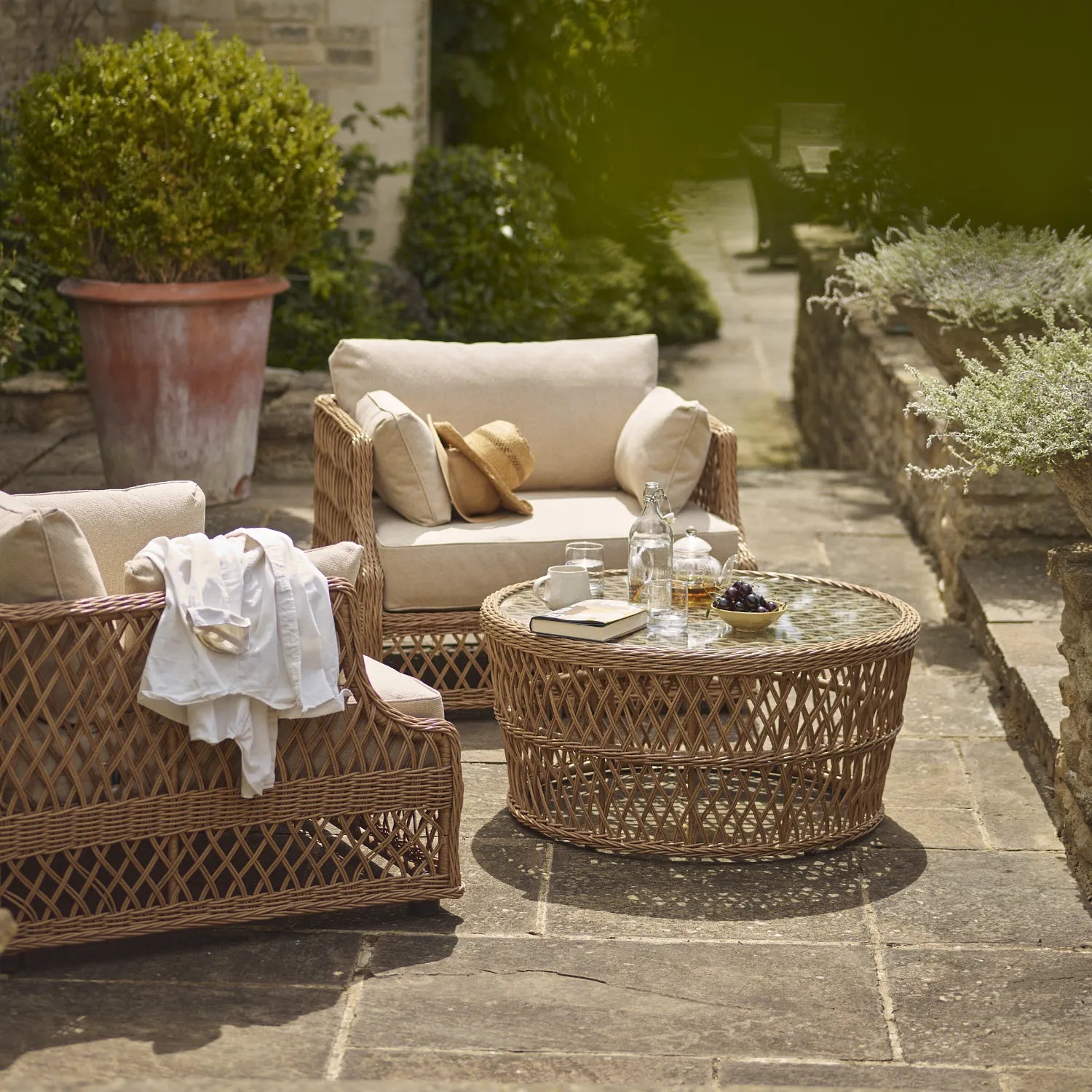 Neptune Seasonal_Garden_Outdoor sofas and relaxed chairs default Longmeadow Wicker Garden Armchair Set with Coffee Table