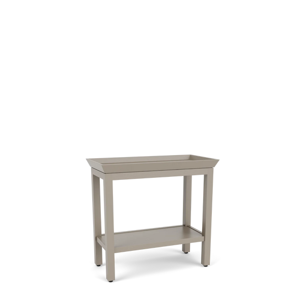 Angled view of the Neptune Renewed Aldwych narrow console table in Driftwood, showing its compact proportions, lower shelf and simple timber frame.