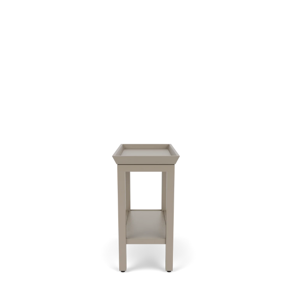 Side view of the Neptune Renewed Aldwych narrow console table in Driftwood, highlighting its slim depth, open shelf and understated straight-legged design.