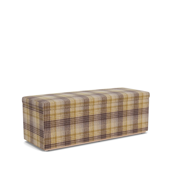 Angled view of the Neptune Renewed Eloise ottoman in Harris Tweed Fig, showing its softly padded rectangular form and warm checked tweed upholstery.