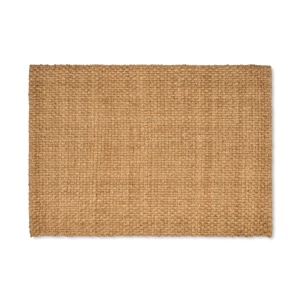 A rectangular natural jute or coir rug with a tightly woven texture in a warm tan-brown color, shown flat against a solid white background.