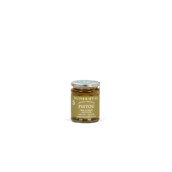 A small glass jar of Olives & Et al Pistou (pitted olives) on a solid white background.